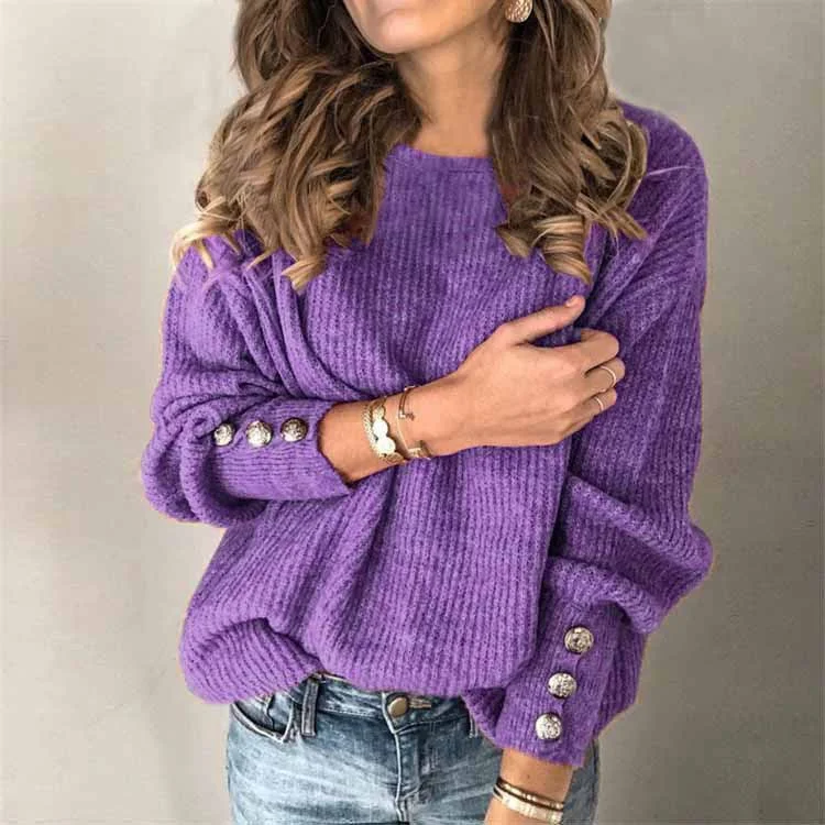 Uveng Street Hipster Long-sleeved Round Neck Button Sweater Top T-shirt
