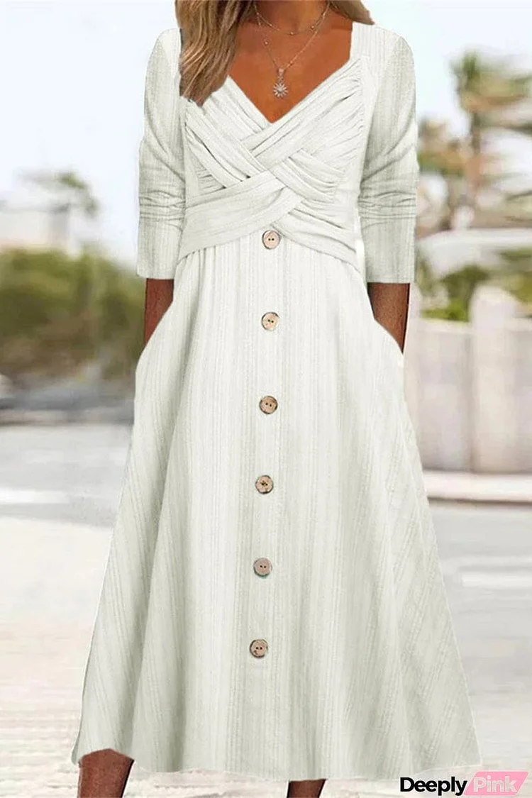 Casual Solid Buttons V Neck Long Sleeve Dresses