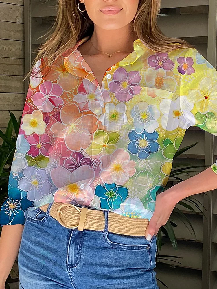 Rainbow Color Cherry Blossom Pattern Printed Women's Casual Shirt