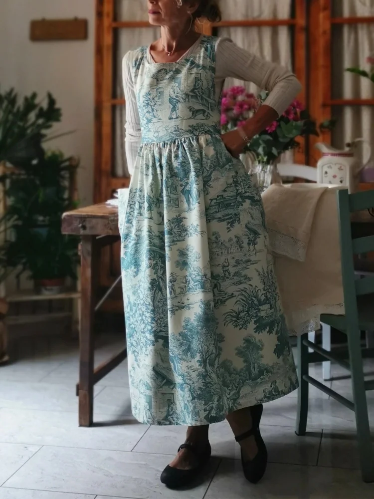 Vintage Teal Blue Toile de Jouy Long Apron
