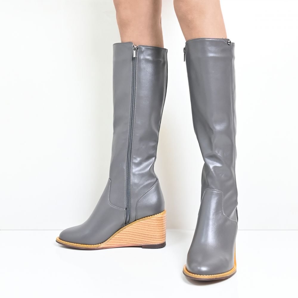 Grey Boots Mid Calf Boots Wedge Heel Boots Wood Heel Boots Nicepairs