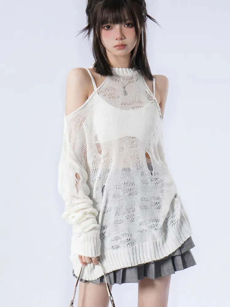Brownm Distressed Cut-Out Fine Knitted Sweater