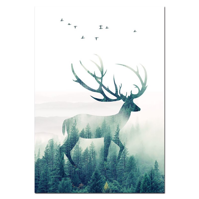 Forest Landscape Wall Art Canvas Poster and Print Flying Bird Deer Canvas Painting Nordic Style Picture for Living Room Decor