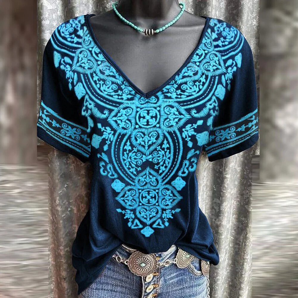 Boho Totem Print V-Neck Short-Sleeved T-Shirt