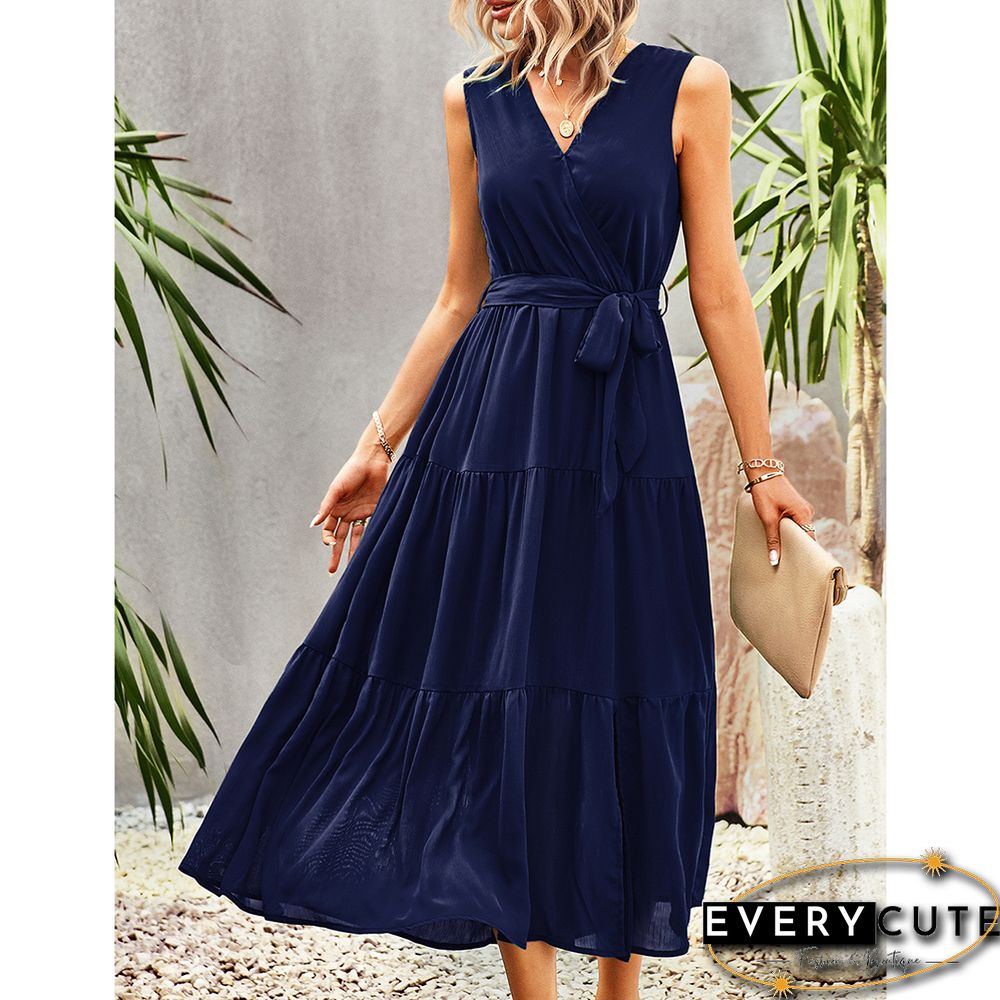 Navy Blue V Neck Sleeveless Tie Waist Midi Dress