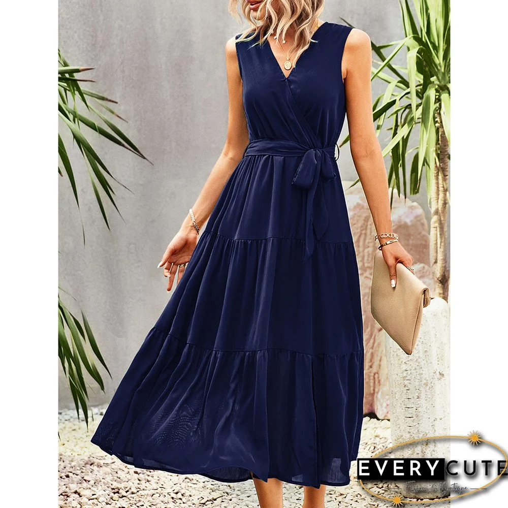 Navy Blue V Neck Sleeveless Tie Waist Midi Dress