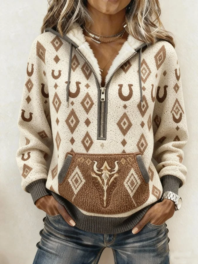 Women's Retro Western Print Fur Collar Sweatshirt 