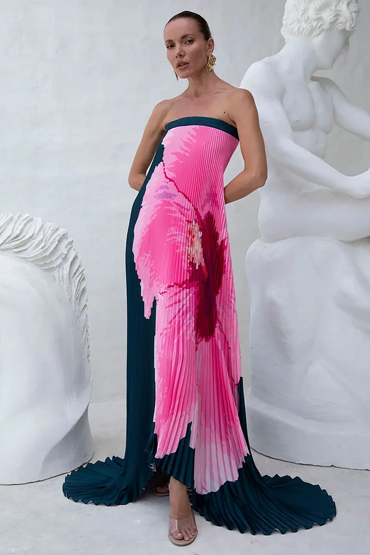 Pleated Floral Print Boat Neck Strapless Irregular Hemline Maxi Dresses-Black