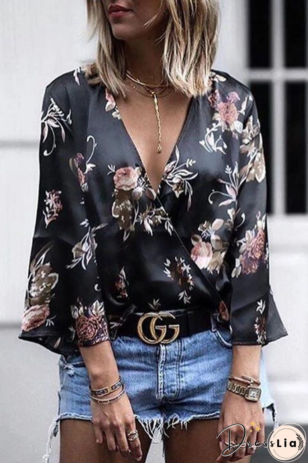 Deep V-Neck Flare Sleeve Print Top