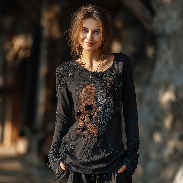 Women's Rose Skull And Spider Web Embroidered Halloween T-shirt