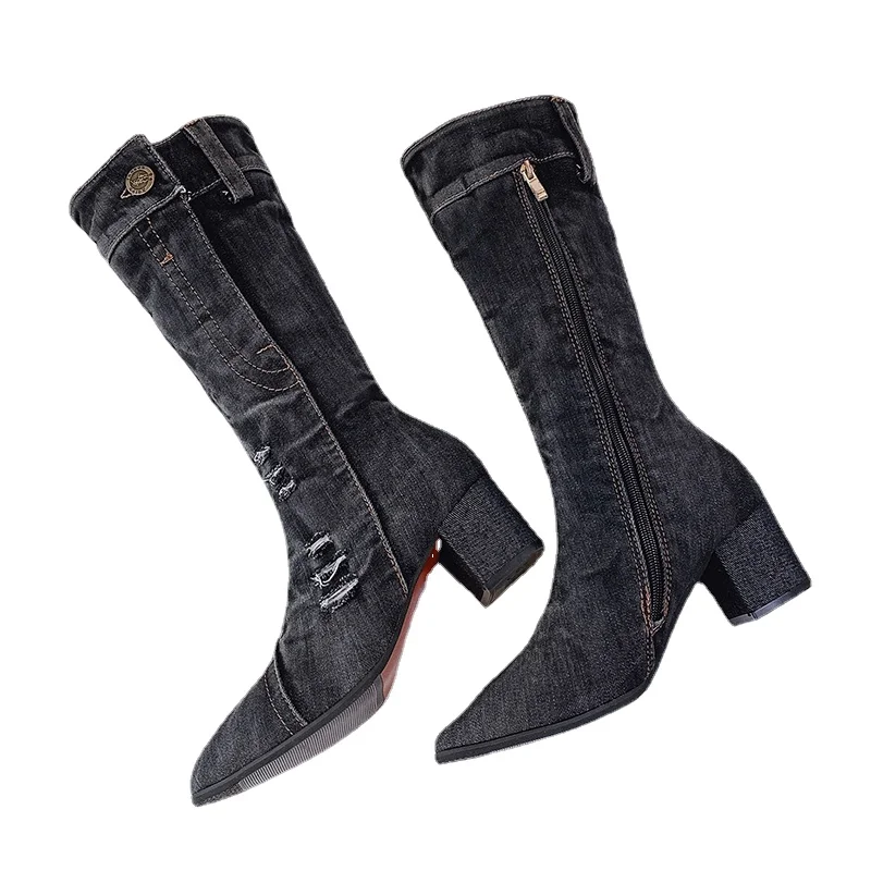 Tanguoant Jean Boots Women's Mid Calf Boot Zipper High Heel Woman Stylish Jeans Boots Ladies Denim Boot Female Shoes Cowboy New