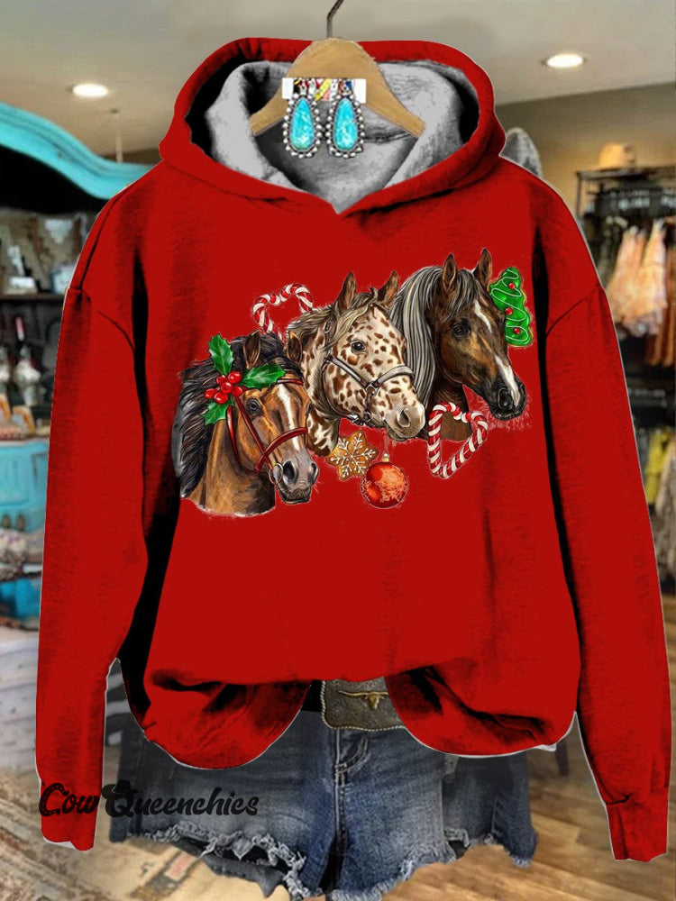 Women’s Red Vintage Christmas Horse Print Casual Sweatshirt Multicolor / S