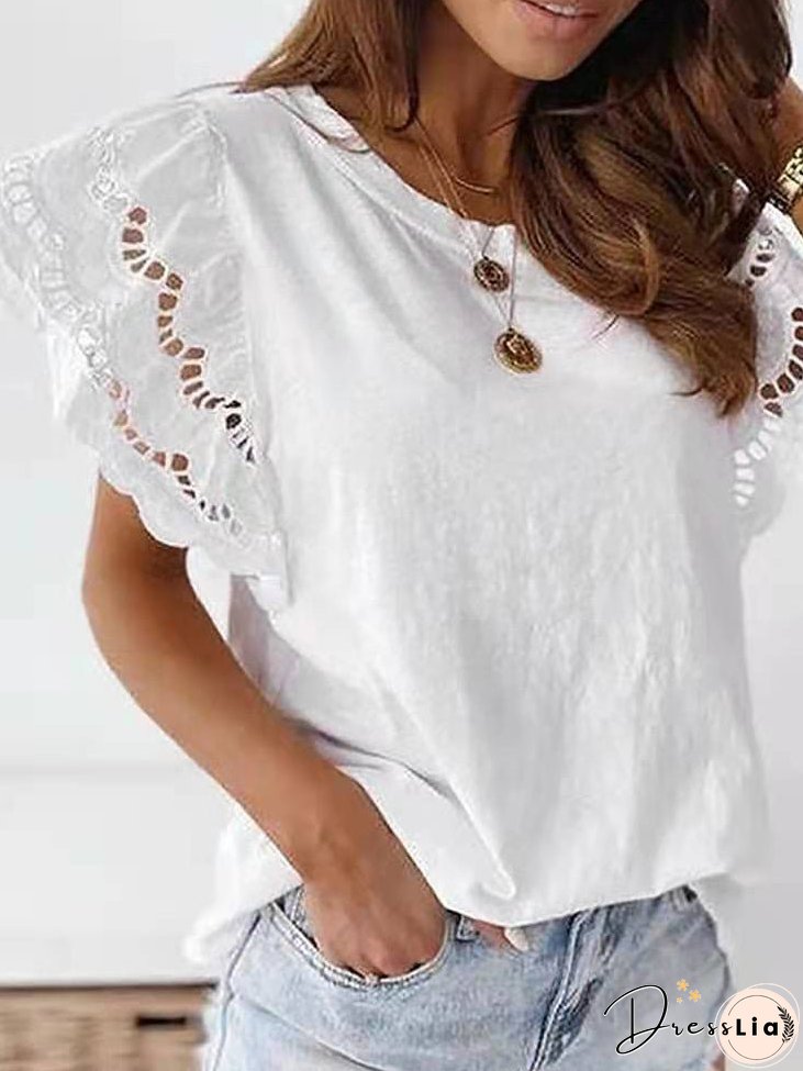 Women's T-Shirts Solid Crew Neck Lace Flare Sleeve T-Shirt
