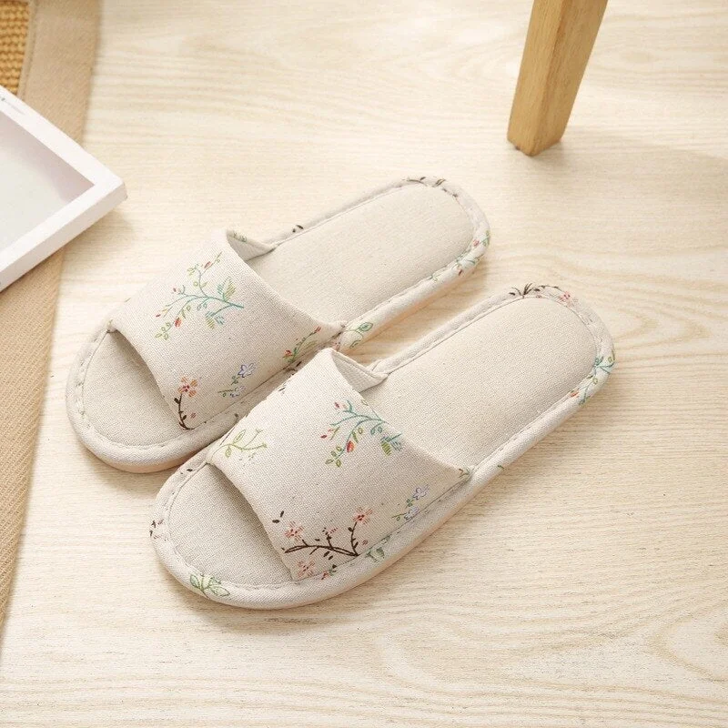 Women Casual Floral Indoor Home Slippers Flower Soft Slippers Spring Autumn Flip Flops Female Linen Slides Slippers home sandals