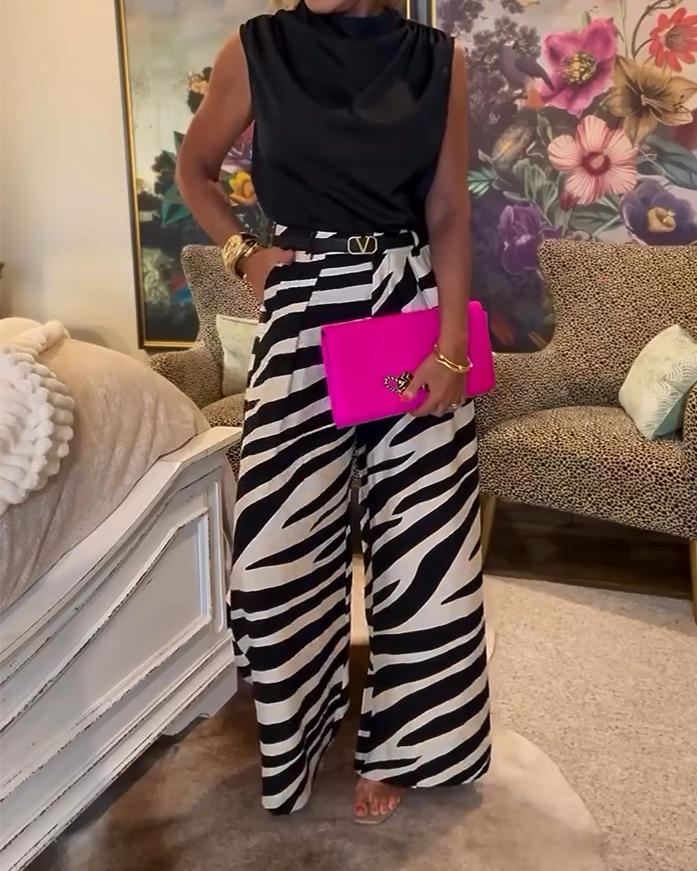 Round Neck Pleated Top and Zebra Print Pants Two Piece Set Without Belt
