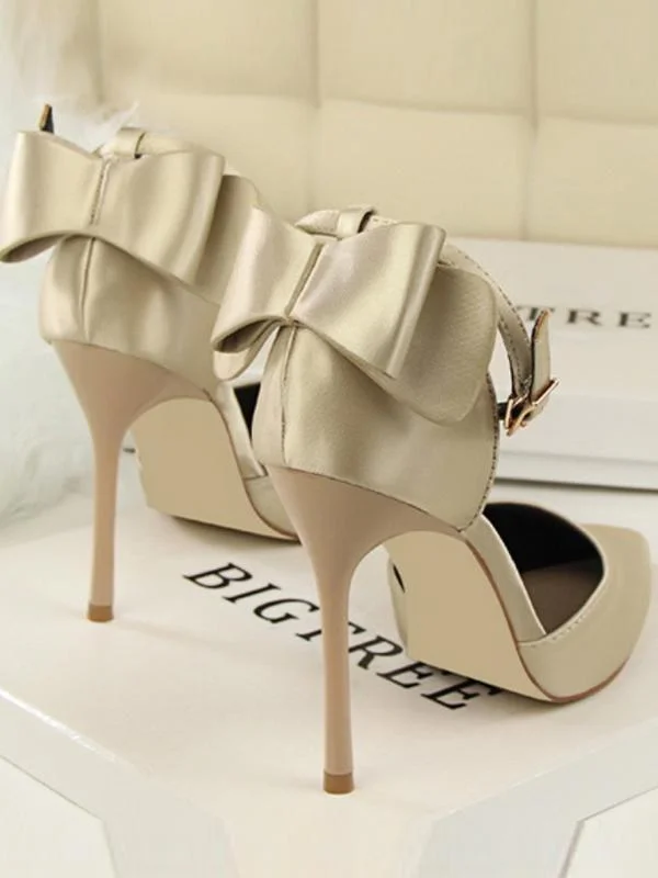 Stiletto high heel shallow pointy satin hollow back bow sandals