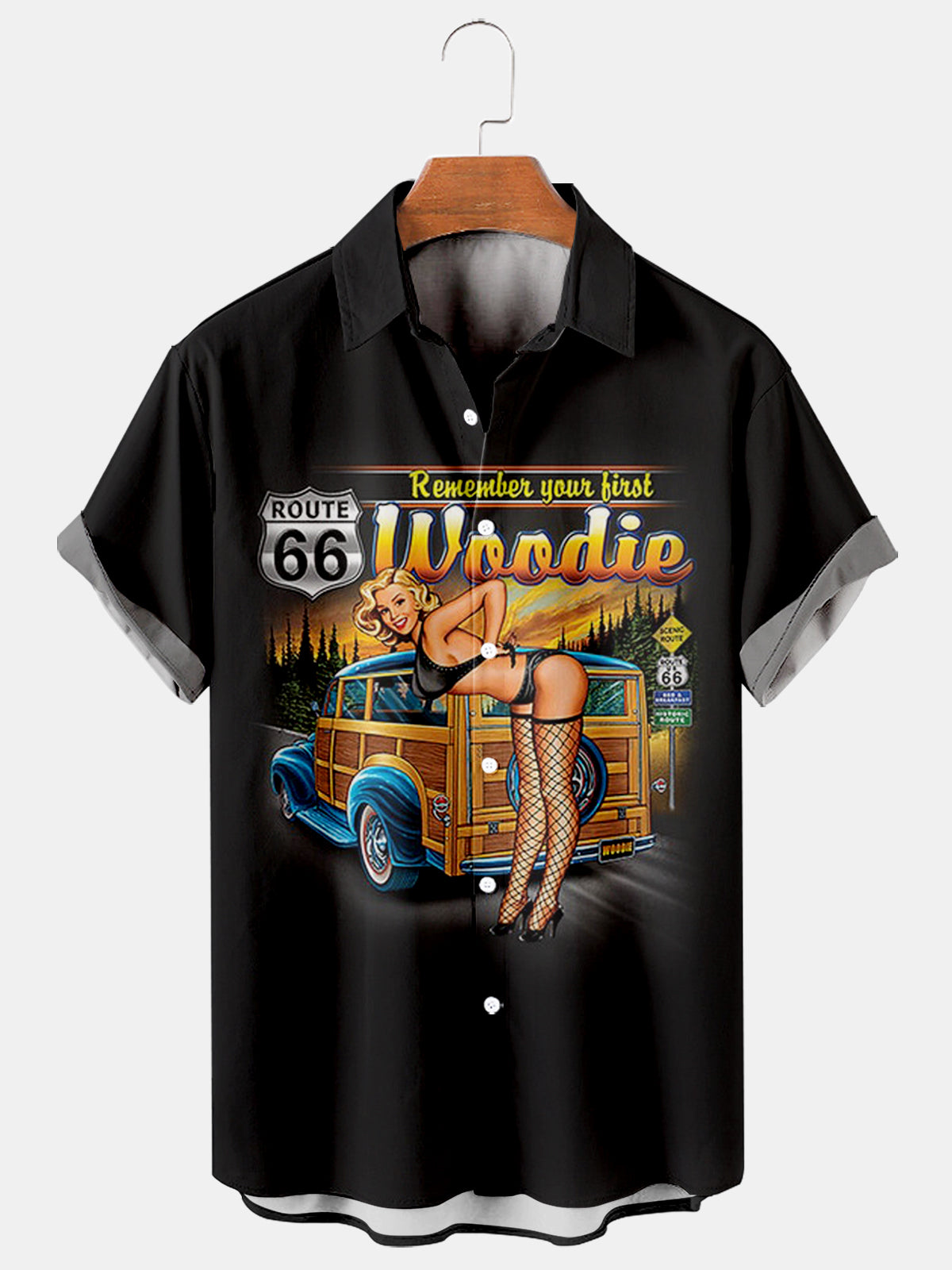Route 66 Retro Car Beauty Illustration Cartoon Pattern Printing Men's Summer New Party Loose Shirt PLUSCLOTHESMAN