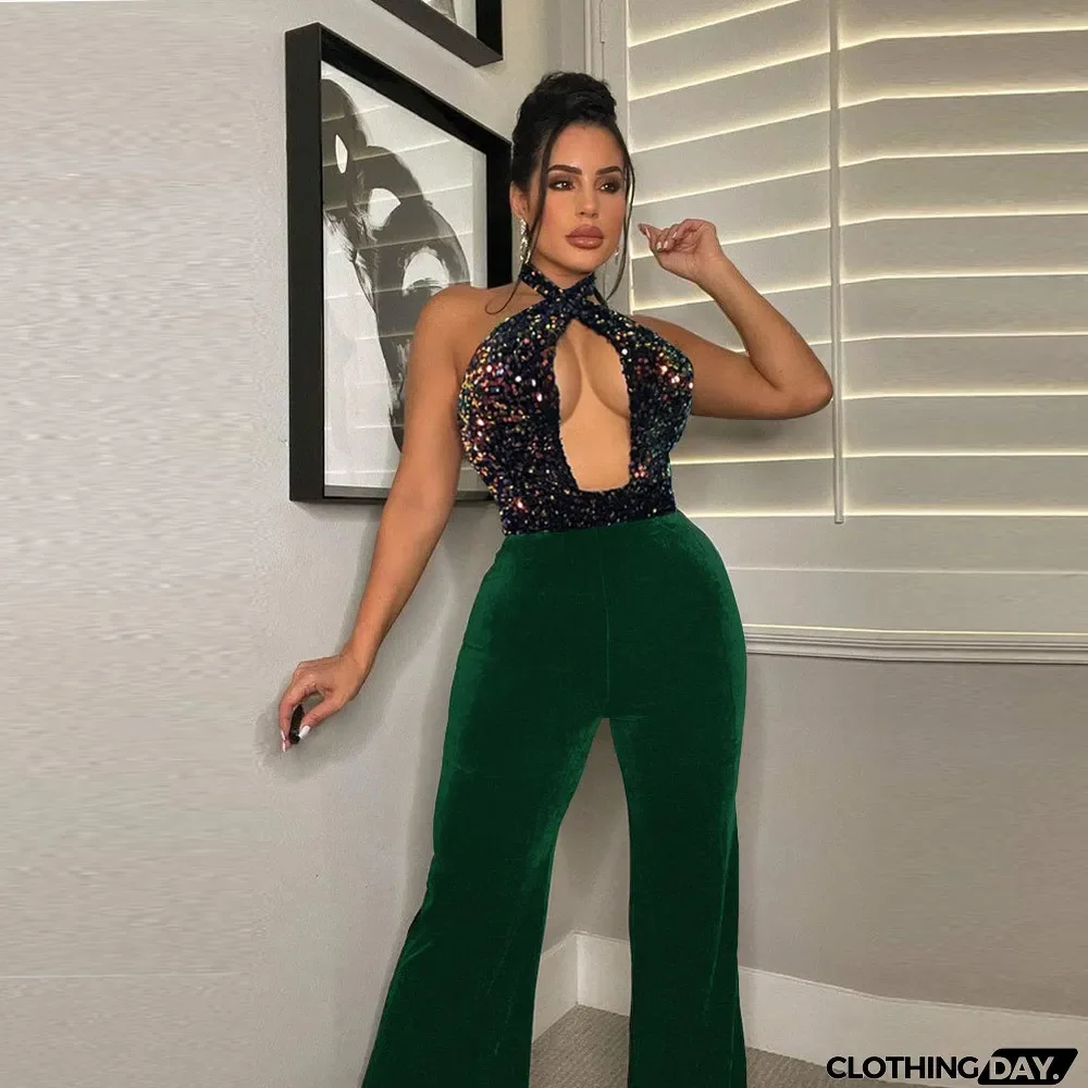 Sexy Sequins Halter Neck Lace-Up Jumpsuit Clubwear