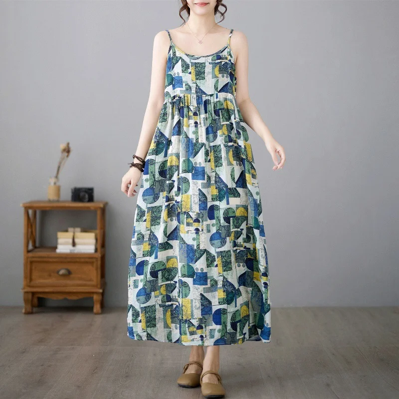 Uveng Uveng Summer Art And Leisure Swing Cotton Tample Long Print Beach Dress Women's Sleeveless Slings