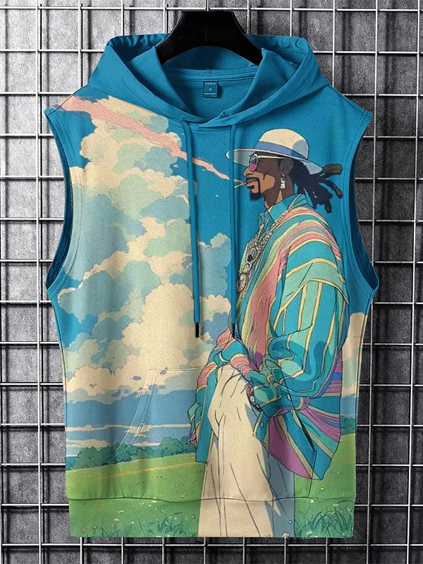 Men's Outdoor Black People Illustration Art Print Hooded Tank Top