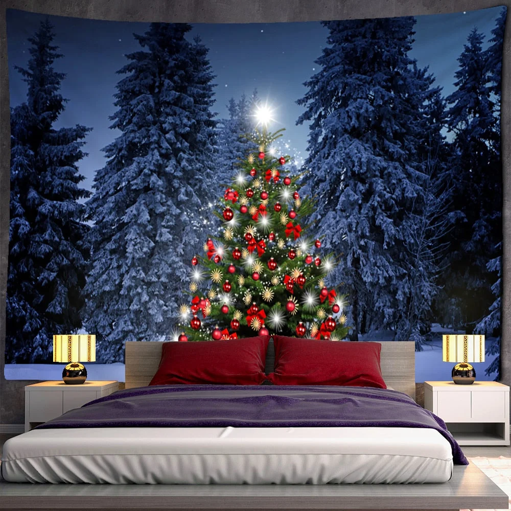 Night View Christmas Tree Tapestry Wall Hanging Holiday New Year Gift Dormitory Background Cloth Bed Curtain Home Decor