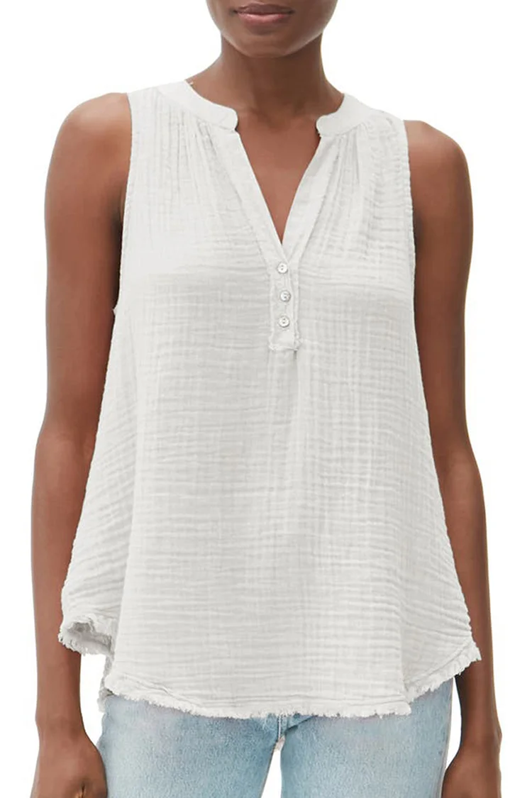 Flycurvy Plus Size Casual White Linen Decorative Button Frayed Edge Tank Top  Flycurvy [product_label]