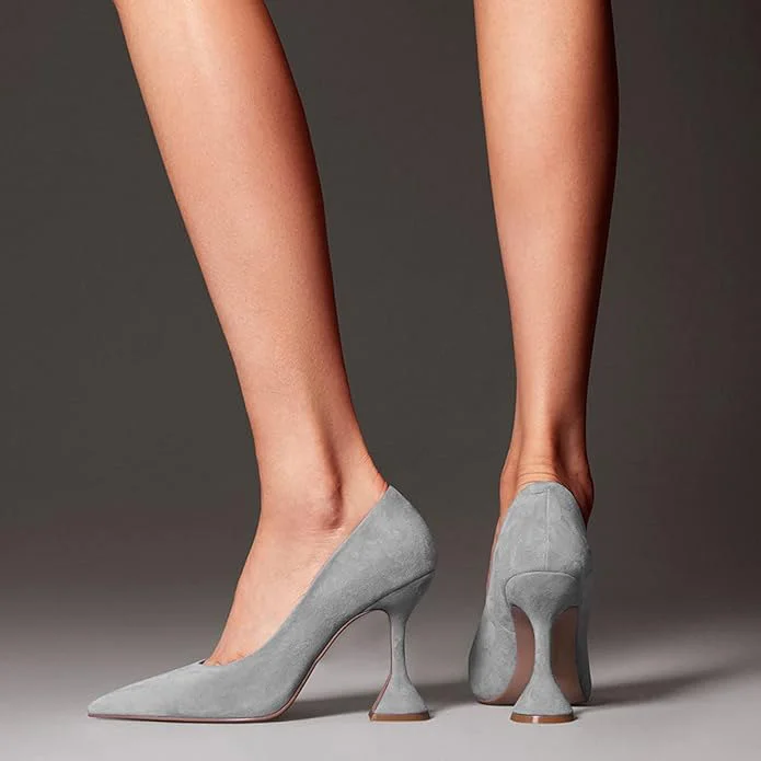 YDN Grey Vegan Suede Pointed Toe Flared Heel Pumps for Women