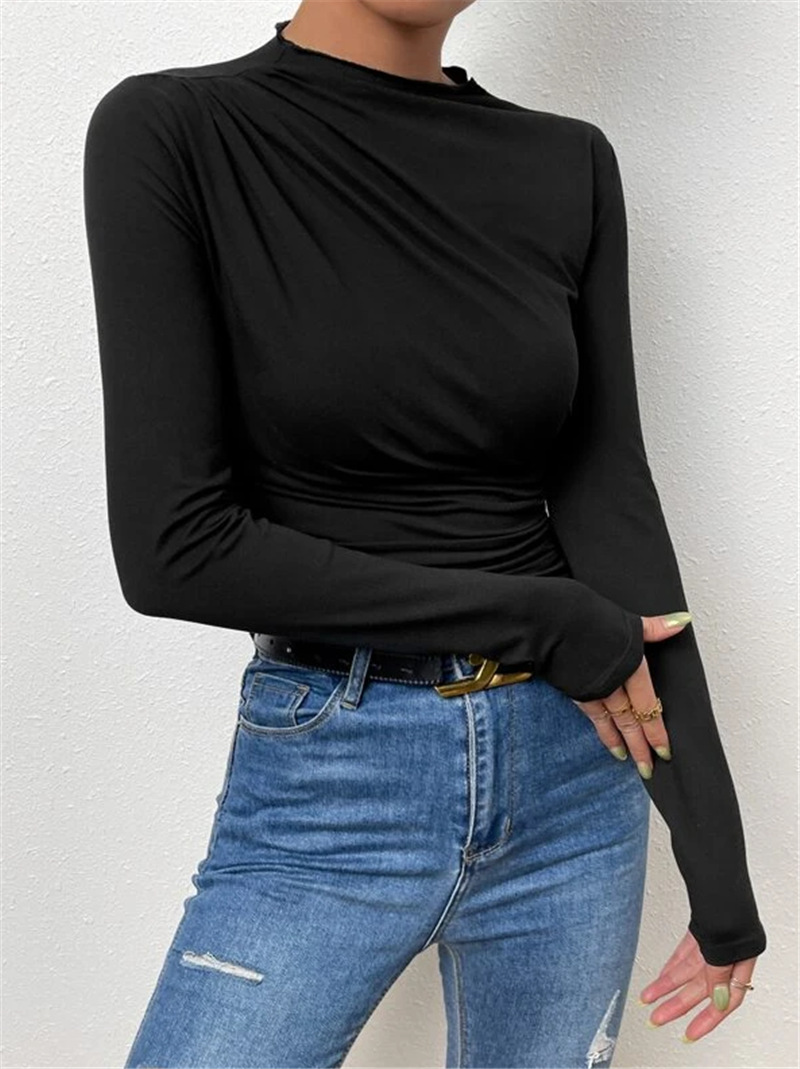 Ootddress Solid Casual Pleated T-shirt For Women Patchwork Long Sleeve High Waist Inner Ruffled Crop top Ladies Vintage Y2k Top Tee