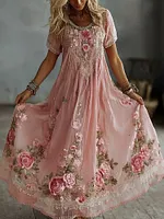 Women's Vintage Rose Floral Lace Embroidered Flowing Maxi Dress