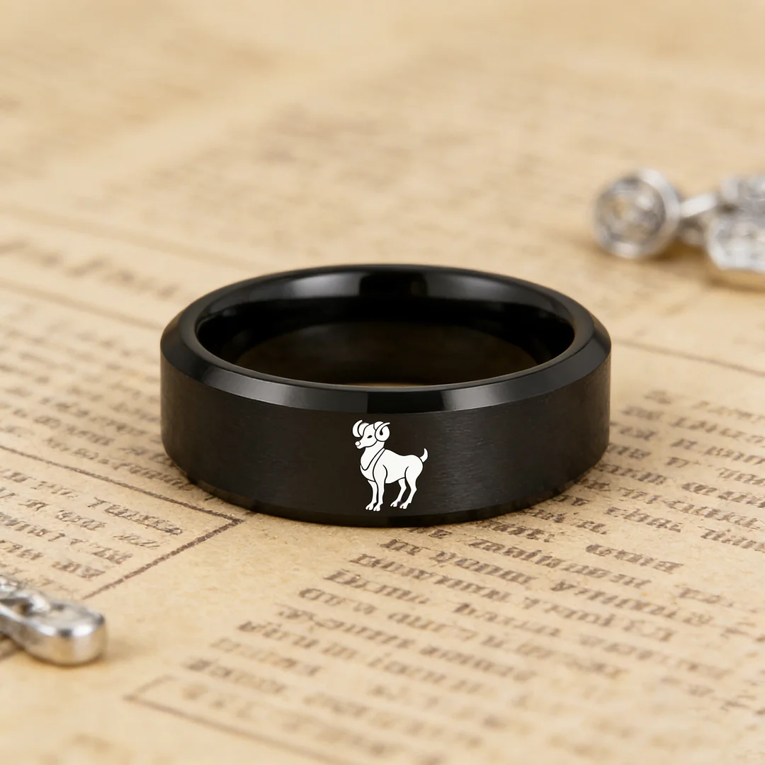 Beveled Edges Laser Etched Tungsten Carbide Rings Black Aries Couple Wedding Bands 4MM 6MM 8MM