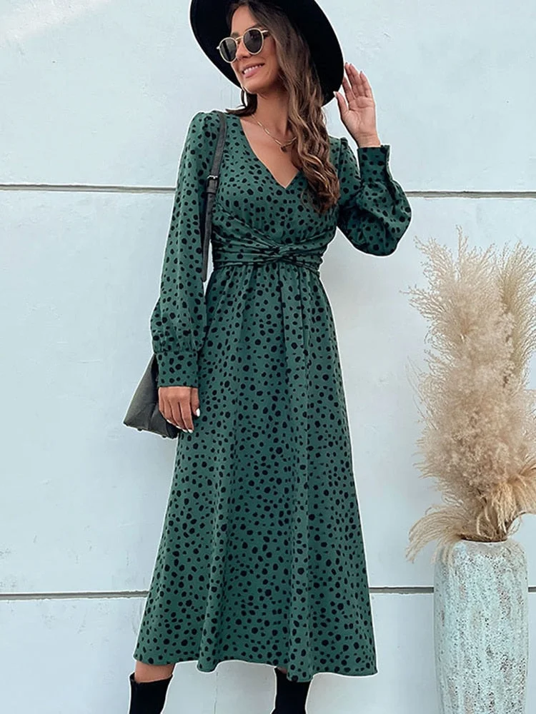 Huiketi Fashion Women's 2023 New V Neck Green Long Sleeve Leopard Print Long Dress For Ladies High Waist Chic Dresses