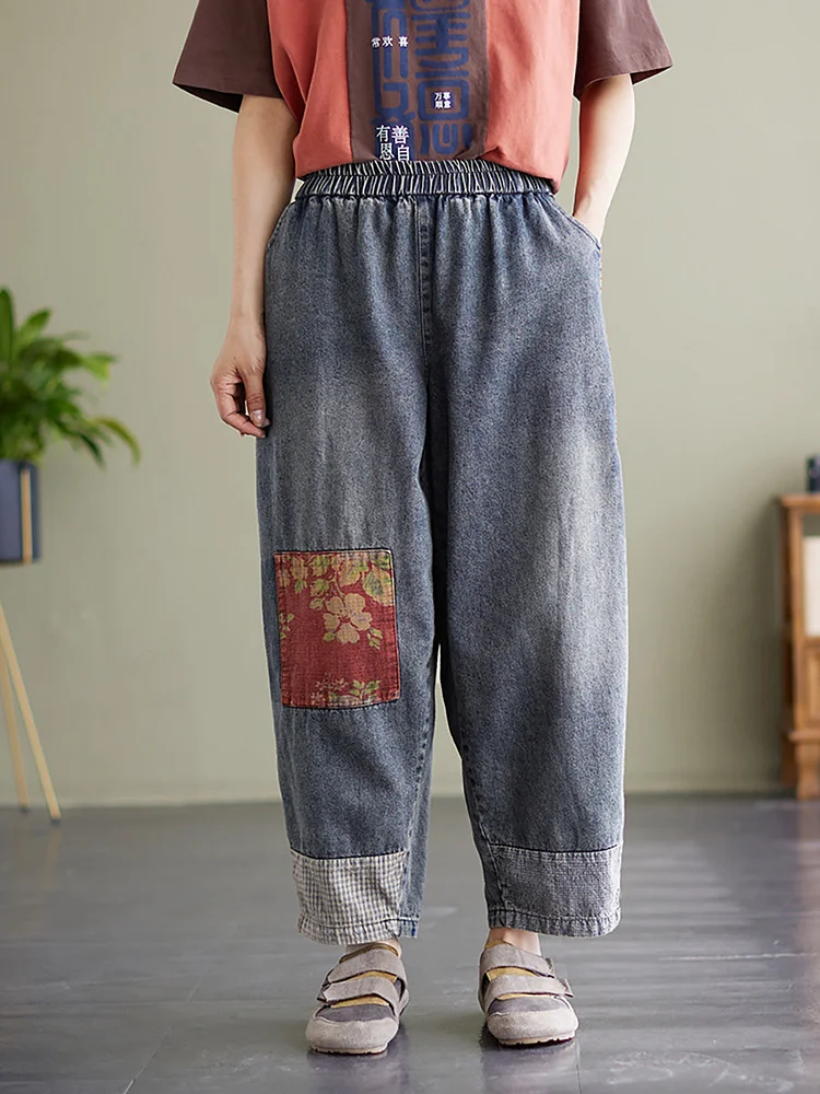 Patchwork Women Denim Casual Loose Harem Jeans