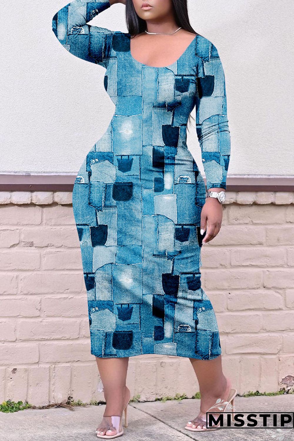 Colour Casual Print Patchwork O Neck Straight Plus Size Dresses