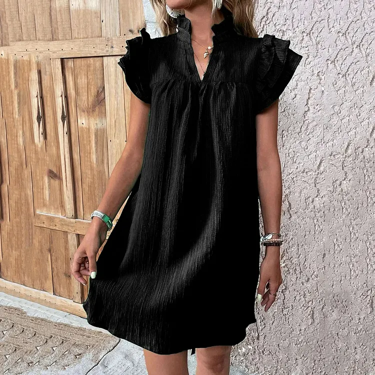 Ruffled Notched Cap Sleeve Linen Dress
