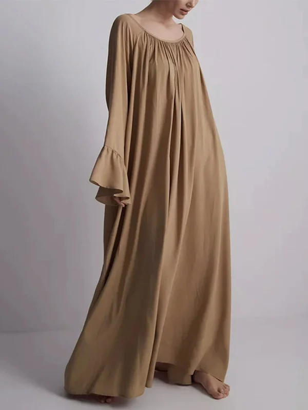 Split-Joint Solid Color Pleated Loose Flared Sleeves Round-Neck Maxi Dresses