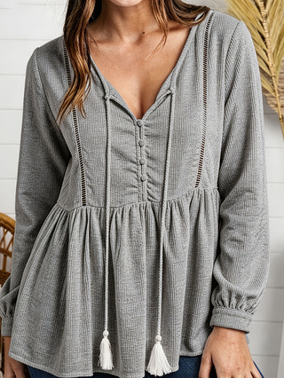 Women's Waffle Knit V Neck Peplum Blouse