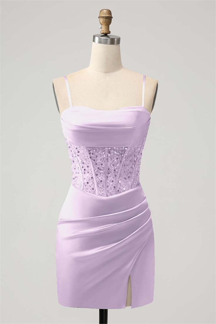  Elegant Sage Green Homecoming Dress Spaghetti Strap Patchwork with Sequins - ohprom