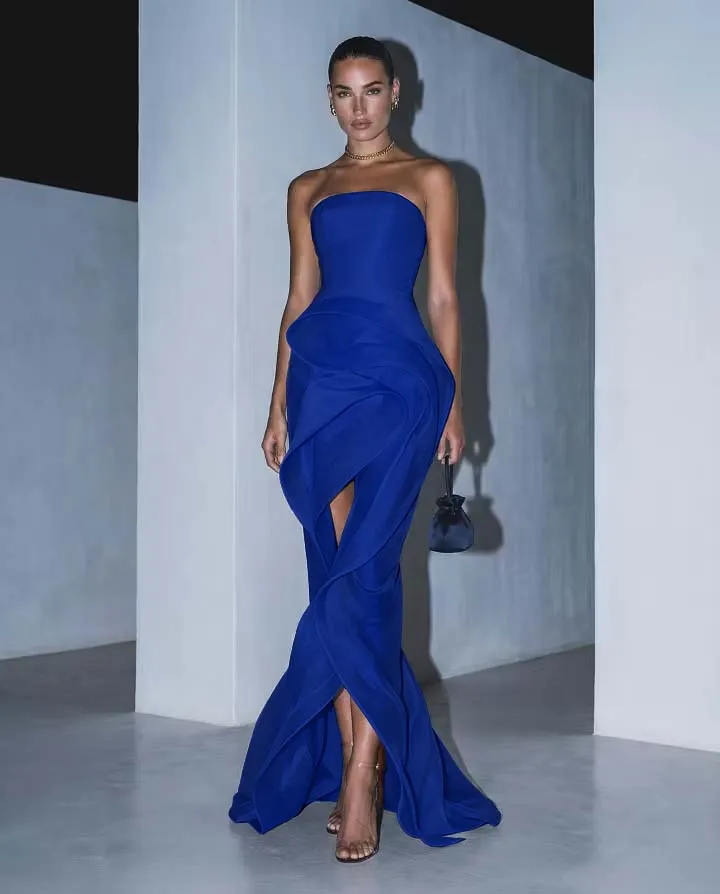 Daisda Elegant Navy Blue Strapless Sleeveless Draped Split Prom Dress