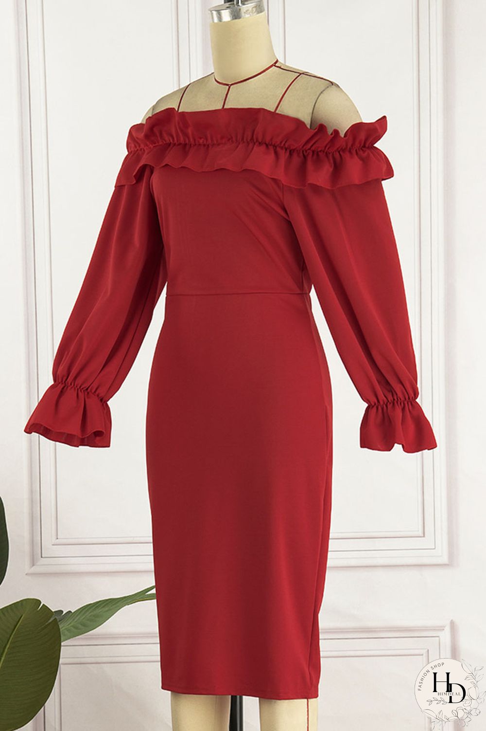 Rose Red Elegant Solid Patchwork Flounce Off the Shoulder One Step Skirt Dresses