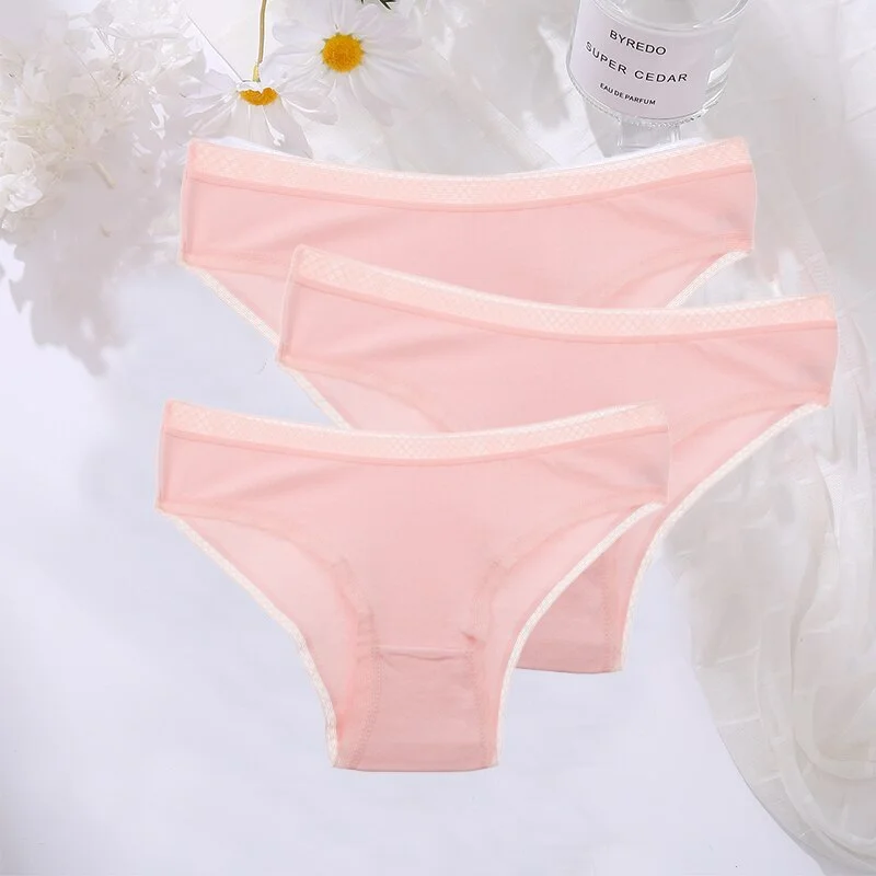 FINETOO 3PCS/Set Cotton Women Mesh Panties Sexy Perspective Lingerie Femme Underwear Girl Underpant Breathable Woman Panty Tanga