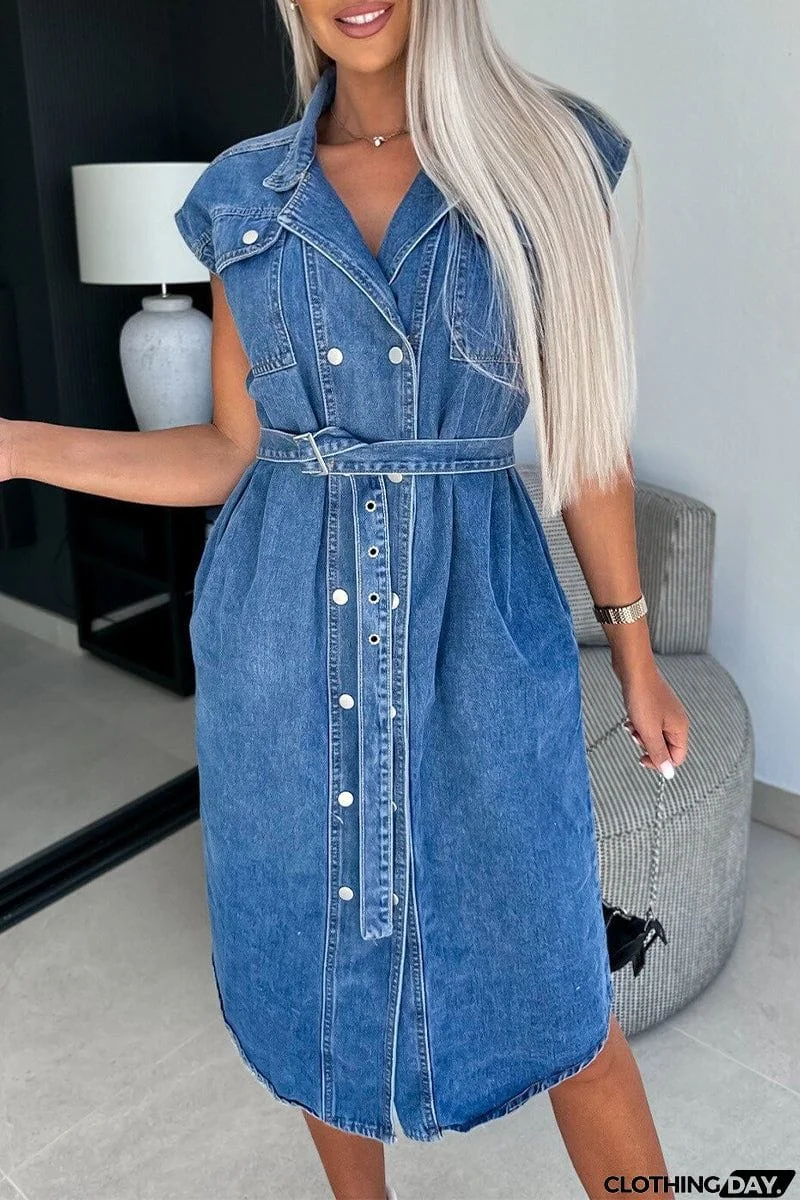 Casual Solid Pocket Turndown Collar Sleeveless Straight Denim Dresses