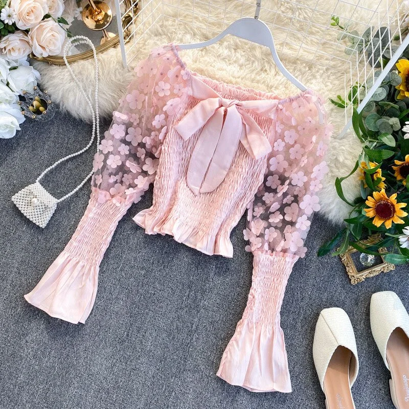 Elegant Spring Summer Women Short Shirt Sweet 3D Flower Appliques Mesh Crop Tops Slash Neck Puff Long Sleeve Ladies Blouse