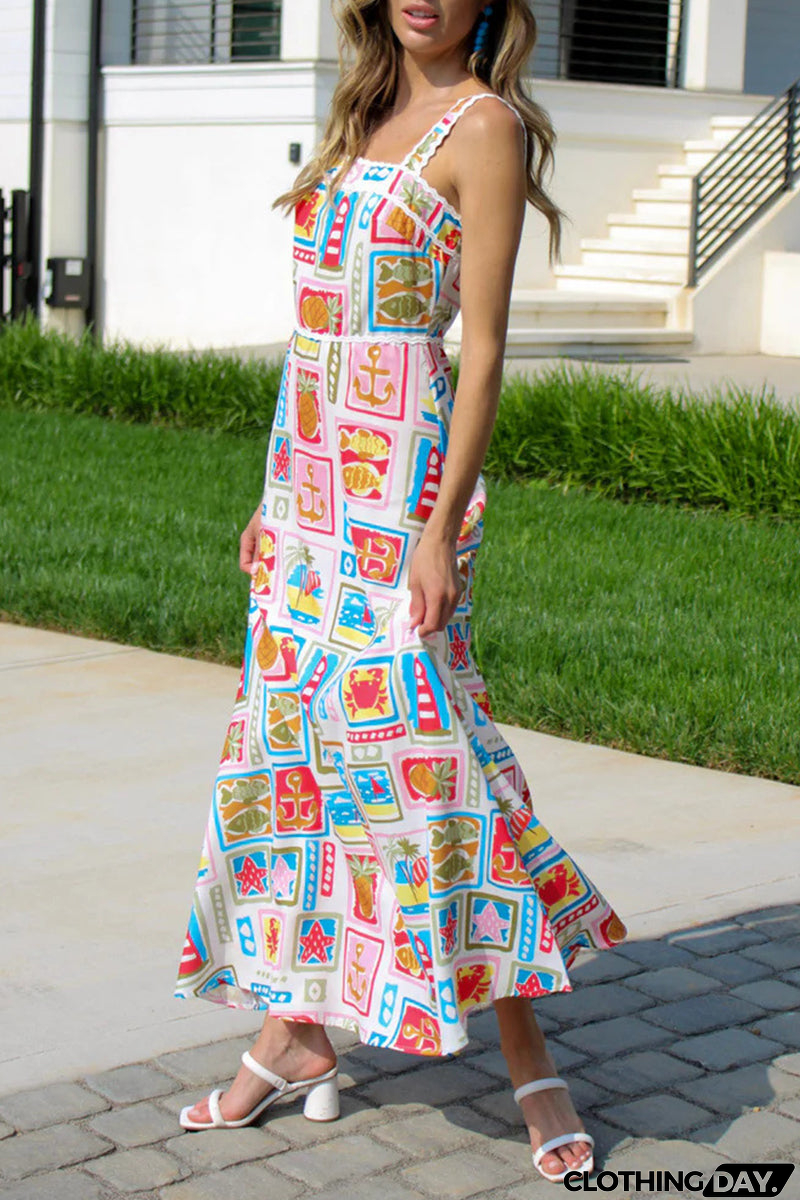 Casual Street Graffiti Print Patchwork Contrast Square Neck Printed Dresses