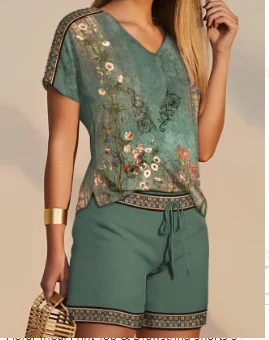 Mongw Mongw Summer Women's Casual Fashion Print Comfortable V-Neck Top Shorts Two-Piece Set