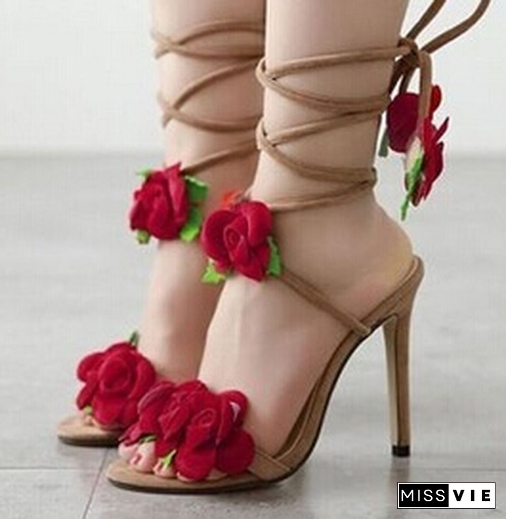 Fan Ming Star T-Taiwan Show Roses Cross Lacing Women Sandals High Heels Lady Casual Lace-Up Dress Party Shoes Wedding Shoes