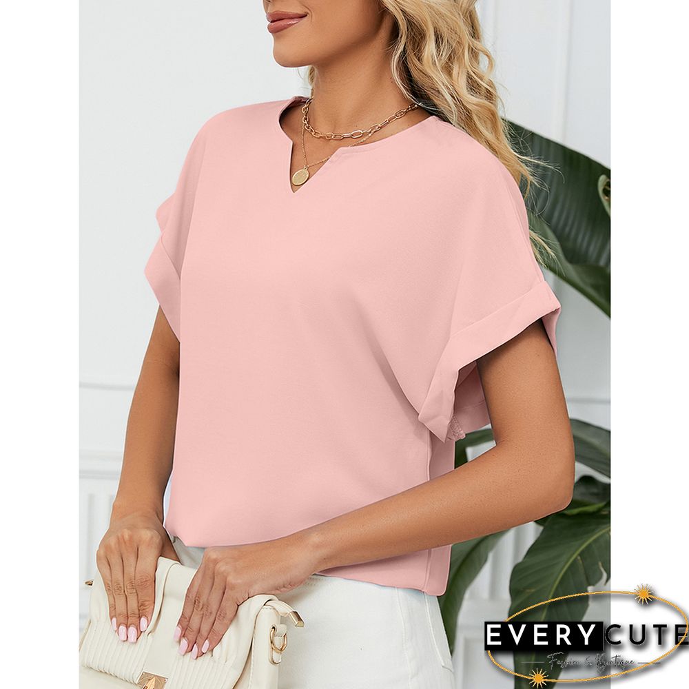 Pink Solid V Neckline Short Sleeve Tops