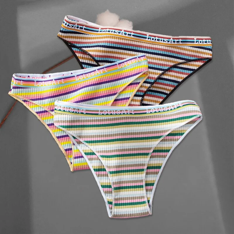 FINETOO 3Pcs/set Colorful Stripes Panties Women's Cotton Briefs M-XL Low-Rise Rainbow Underwear Ladies Underpants Girls Panties