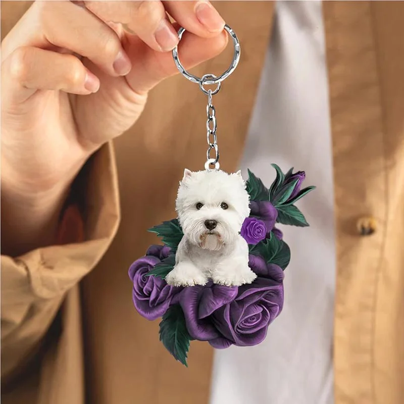 VigorDaily West Highland Dog In Purple Rose Acrylic Keychain PR015