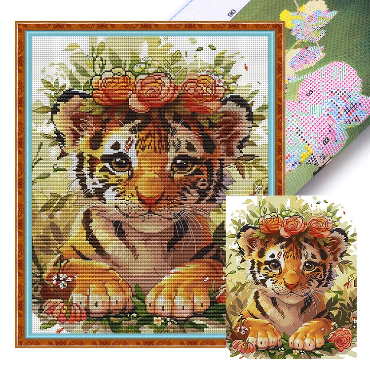 Joy Sunday-Tiger Cub With A Wreath 37*47cm(Canvas) 14CT Stamped cross stitch gbfke