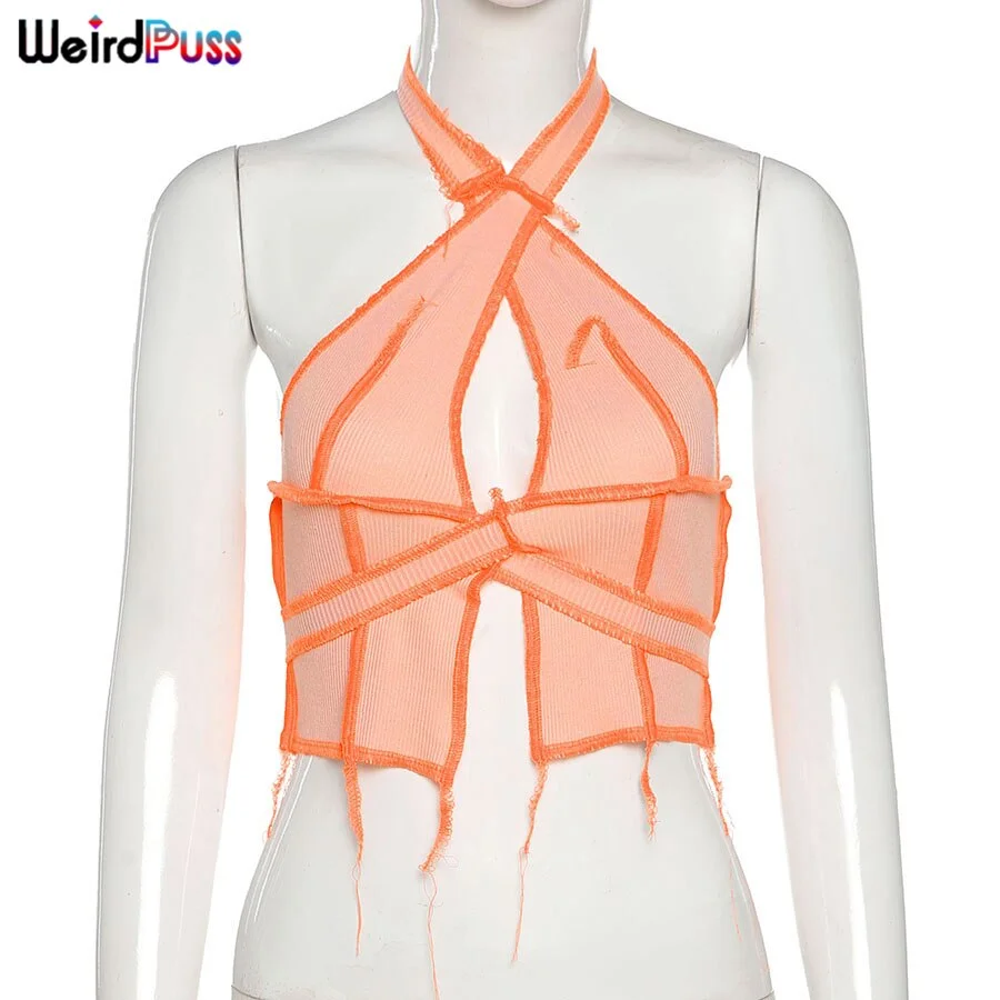 Weird Puss Sexy Halter Bandage Women Fashion Summer Tank Tops Cross Backless Patchwork Ribbed Skinny Stretchy Street Style Vest